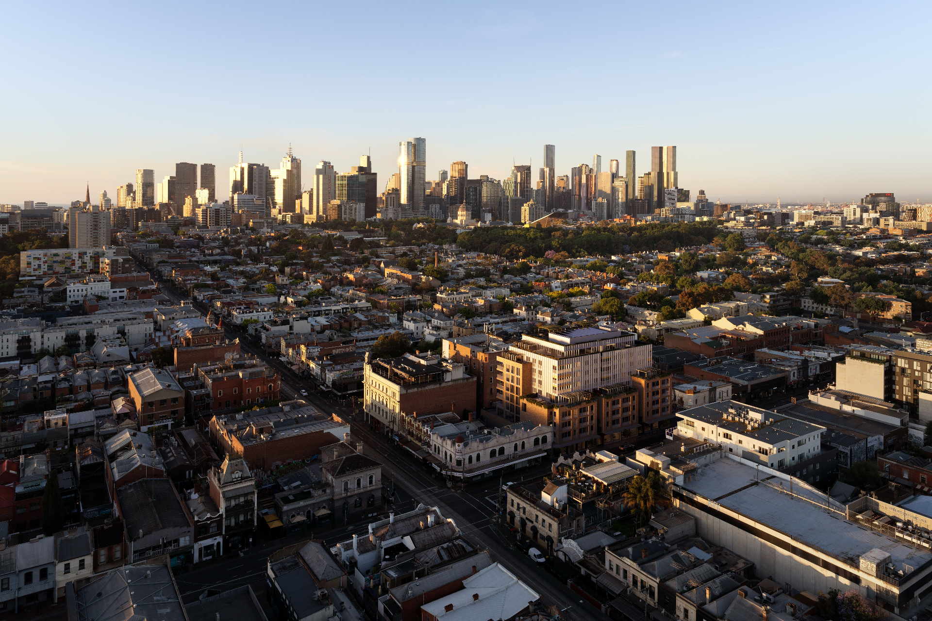 Aerial view of leafy inner Melbourne suburbs where Crest Property buyers advocates source investment homes